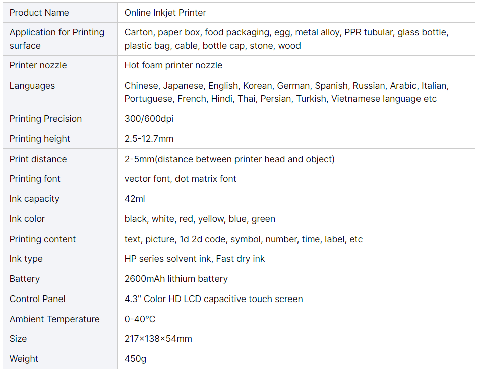 HAIKE automatic online printer technical specifications for DPI ink capacity language and surface support