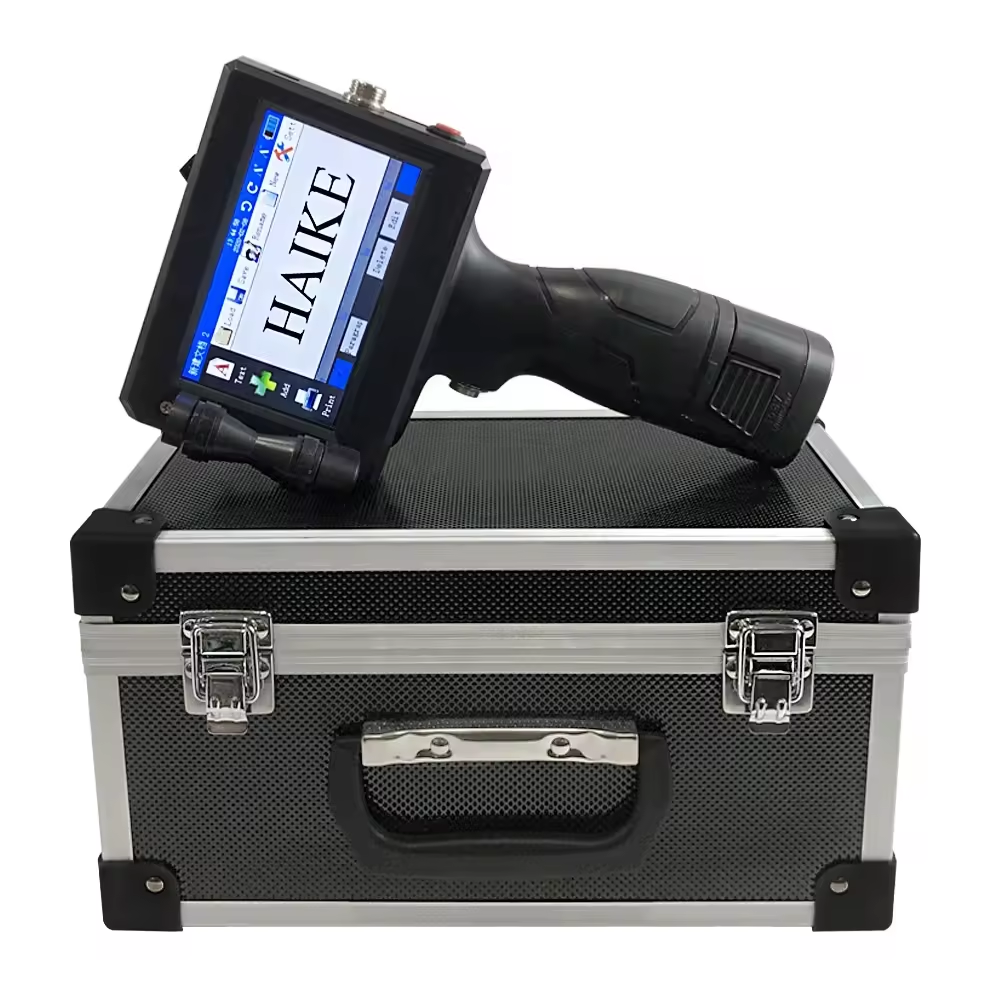 handheld inkjet printer printing batch codes on aluminum plastic glass and cardboard surfaces